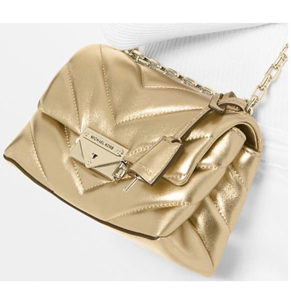 Michael Kors Metallic Gold Cece Quilted Leather Lock Gold Chain Crossbody EUC